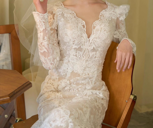 Dreamy V Neck Lace Applique Birthday Outfit Dress Open-Back Long Sleeve Prom Dress AP0945