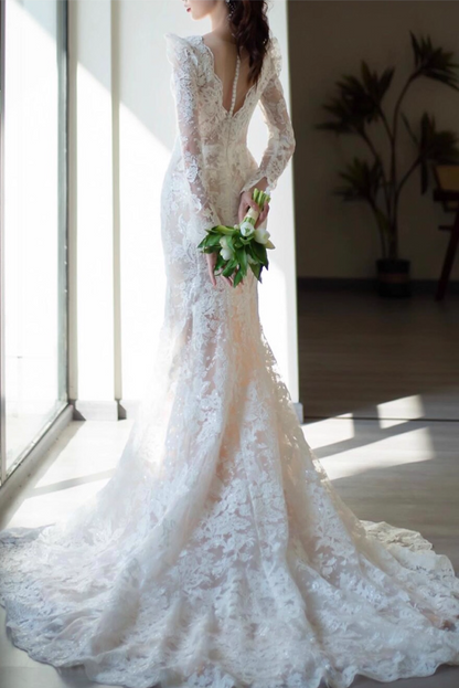 Dreamy V Neck Lace Applique Birthday Outfit Dress Open-Back Long Sleeve Prom Dress AP0945