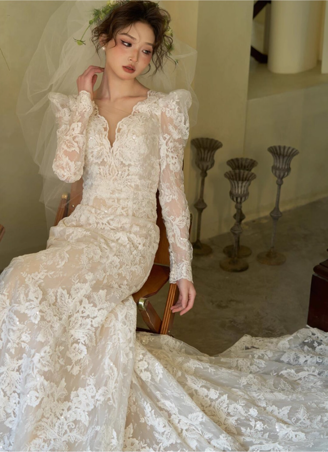 Dreamy V Neck Lace Applique Birthday Outfit Dress Open-Back Long Sleeve Prom Dress AP0945