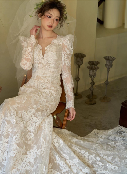 Dreamy V Neck Lace Applique Birthday Outfit Dress Open-Back Long Sleeve Prom Dress AP0945