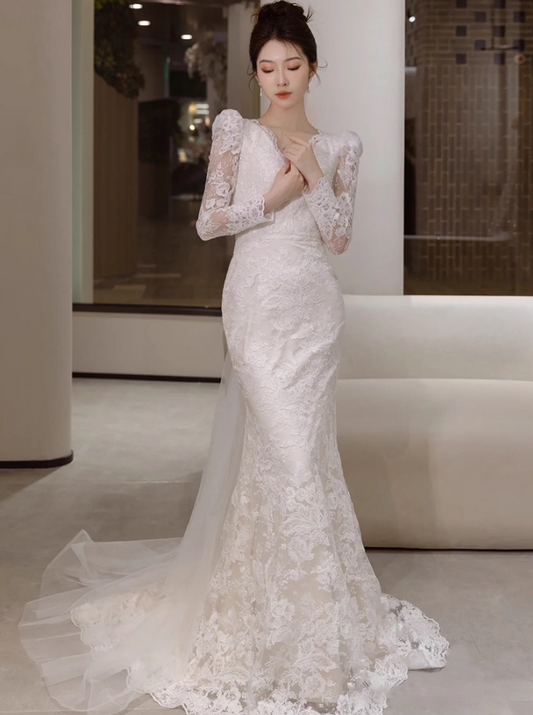 Graceful V Neck Applique Sweet 16 Dress Beaded Tulle Bow Long Sheer Lace Sleeve Prom Dress AP0946