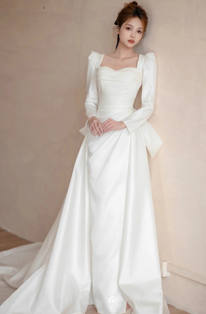 Chic Satin Square Neck Gathered Maxi Dress High-Slit Big Bow Long Sleeve Prom Dress AP0947