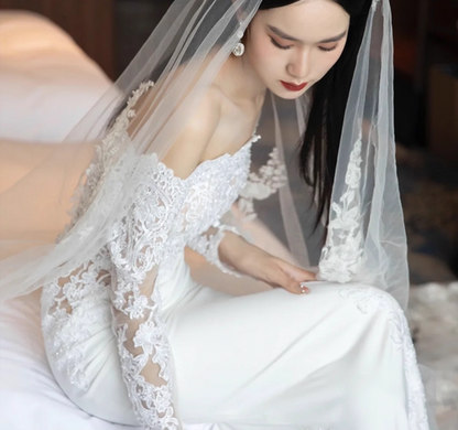 Exquisite Sheer Lace Long Sleeve Off-Shoulder Bridal Dress Strapless Applique Satin Hem Wedding Dress AP0949