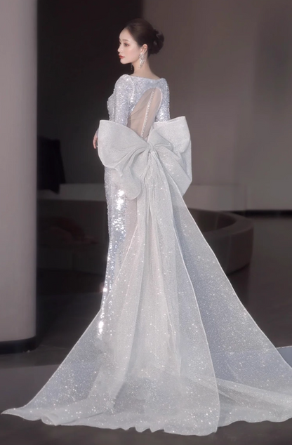 Graceful Sheen Sequins Big Tulle Bow Evening Dress Mermaid Long Sleeve Sheer Mesh Splicing Prom Dress AP0950