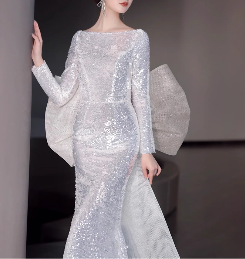 Graceful Sheen Sequins Big Tulle Bow Evening Dress Mermaid Long Sleeve Sheer Mesh Splicing Prom Dress AP0950