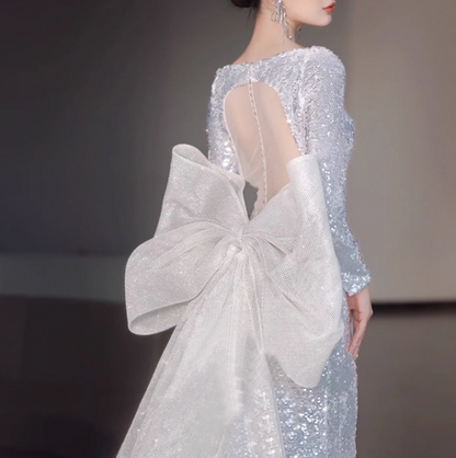 Graceful Sheen Sequins Big Tulle Bow Evening Dress Mermaid Long Sleeve Sheer Mesh Splicing Prom Dress AP0950