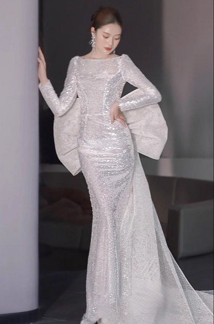 Graceful Sheen Sequins Big Tulle Bow Evening Dress Mermaid Long Sleeve Sheer Mesh Splicing Prom Dress AP0950