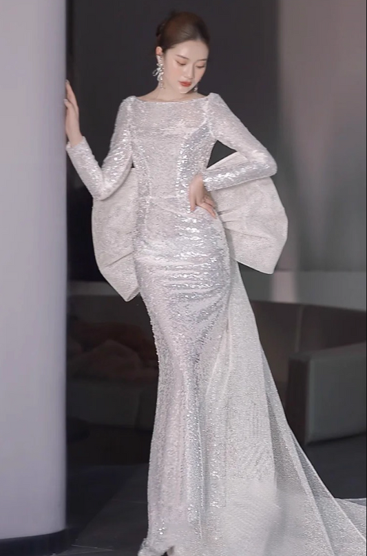Graceful Sheen Sequins Big Tulle Bow Evening Dress Mermaid Long Sleeve Sheer Mesh Splicing Prom Dress AP0950