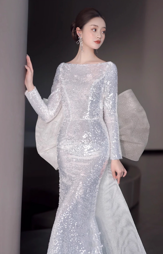 Graceful Sheen Sequins Big Tulle Bow Evening Dress Mermaid Long Sleeve Sheer Mesh Splicing Prom Dress AP0950