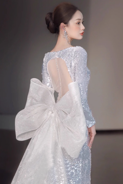 Graceful Sheen Sequins Big Tulle Bow Evening Dress Mermaid Long Sleeve Sheer Mesh Splicing Prom Dress AP0950