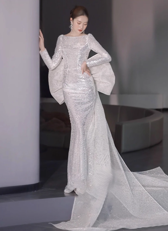 Graceful Sheen Sequins Big Tulle Bow Evening Dress Mermaid Long Sleeve Sheer Mesh Splicing Prom Dress AP0950