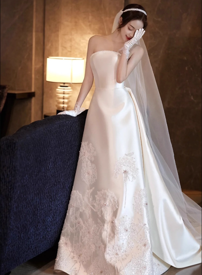 Chic Strapless Applique Satin Fabric Bridal Maxi Dress Beading Sheath Wedding Dress AP0952