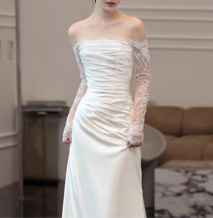 New Tendency Sheer Lace Long Sleeve Maxi Dress Off-Shoulder Strapless Mermaid Prom Dress AP0955