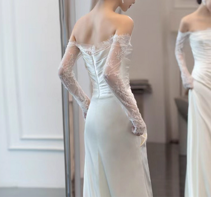 New Tendency Sheer Lace Long Sleeve Maxi Dress Off-Shoulder Strapless Mermaid Prom Dress AP0955