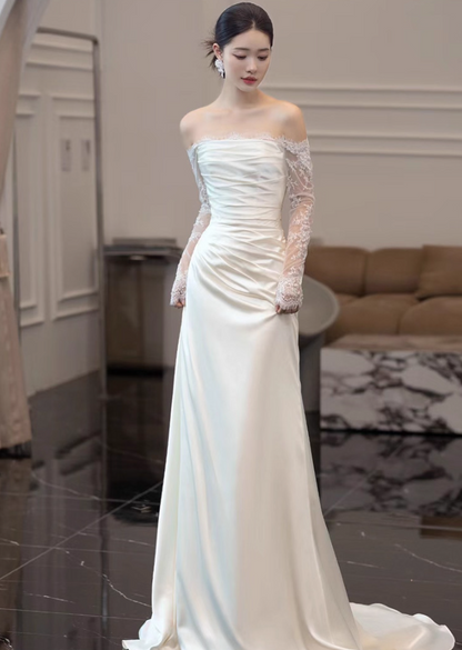 New Tendency Sheer Lace Long Sleeve Maxi Dress Off-Shoulder Strapless Mermaid Prom Dress AP0955