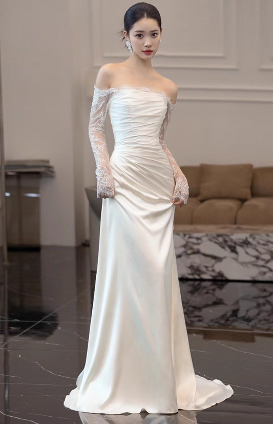 New Tendency Sheer Lace Long Sleeve Maxi Dress Off-Shoulder Strapless Mermaid Prom Dress AP0955