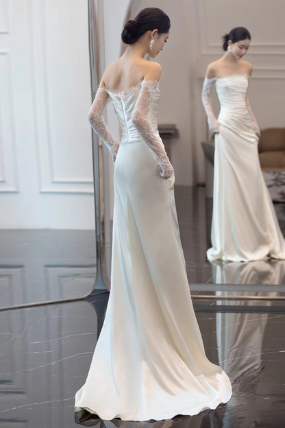 New Tendency Sheer Lace Long Sleeve Maxi Dress Off-Shoulder Strapless Mermaid Prom Dress AP0955