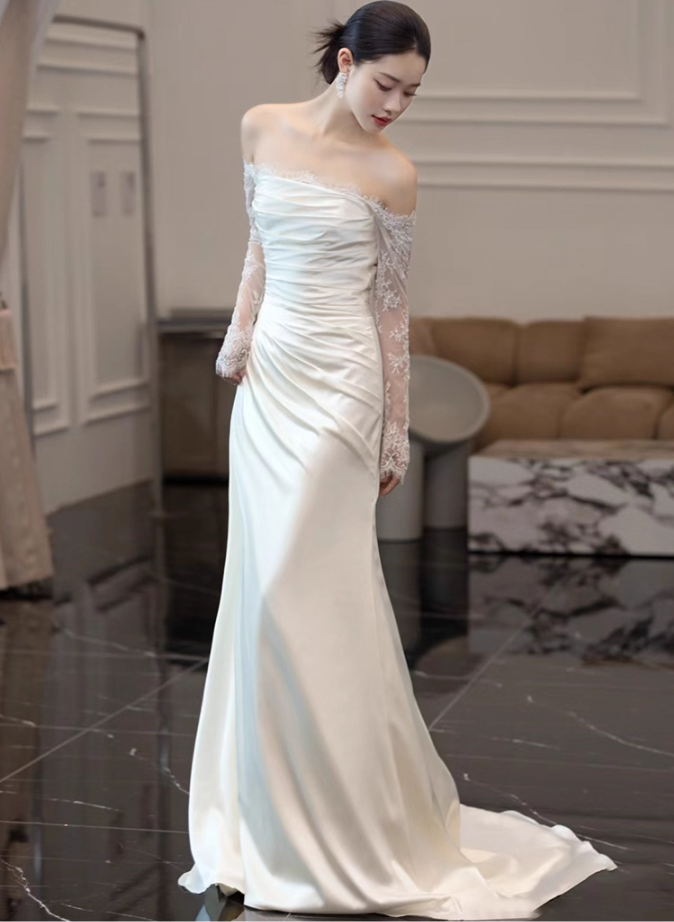 New Tendency Sheer Lace Long Sleeve Maxi Dress Off-Shoulder Strapless Mermaid Prom Dress AP0955