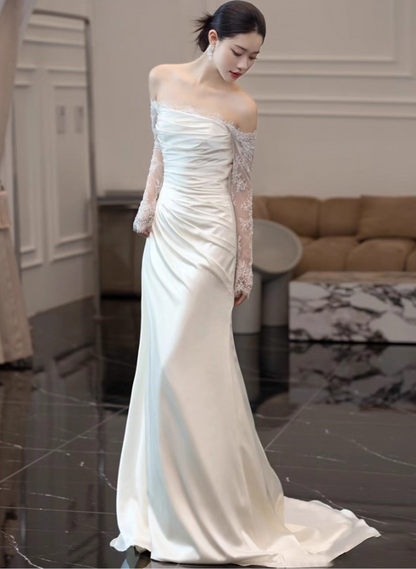 New Tendency Sheer Lace Long Sleeve Maxi Dress Off-Shoulder Strapless Mermaid Prom Dress AP0955