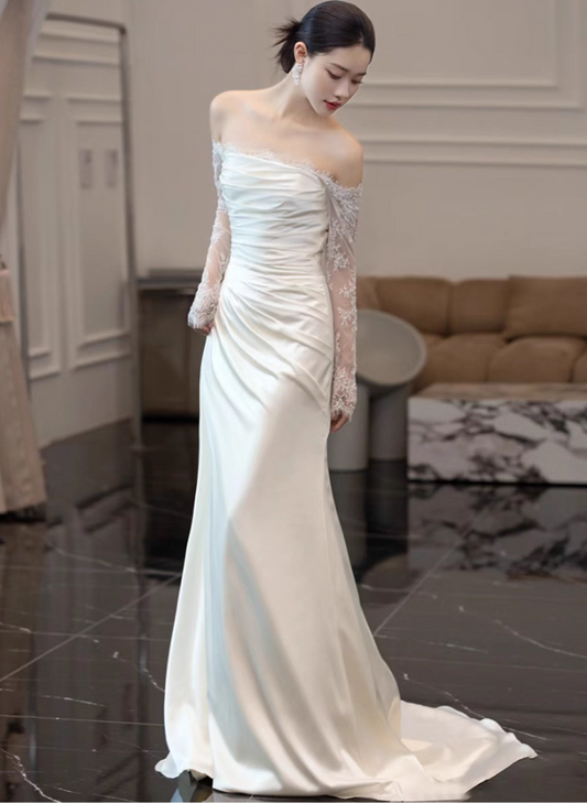 New Tendency Sheer Lace Long Sleeve Maxi Dress Off-Shoulder Strapless Mermaid Prom Dress AP0955