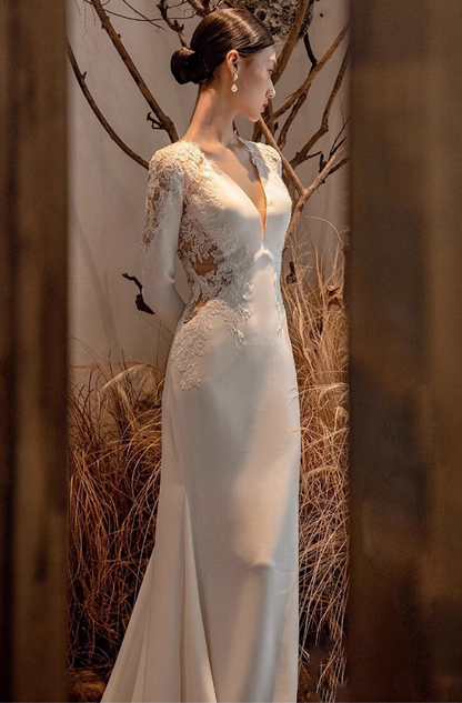 Chic Satin Applique V Neck Mermaid Maxi Dress Hollow-Out Long Sleeve Prom Dress AP0956