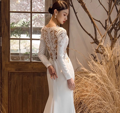 Chic Satin Applique V Neck Mermaid Maxi Dress Hollow-Out Long Sleeve Prom Dress AP0956