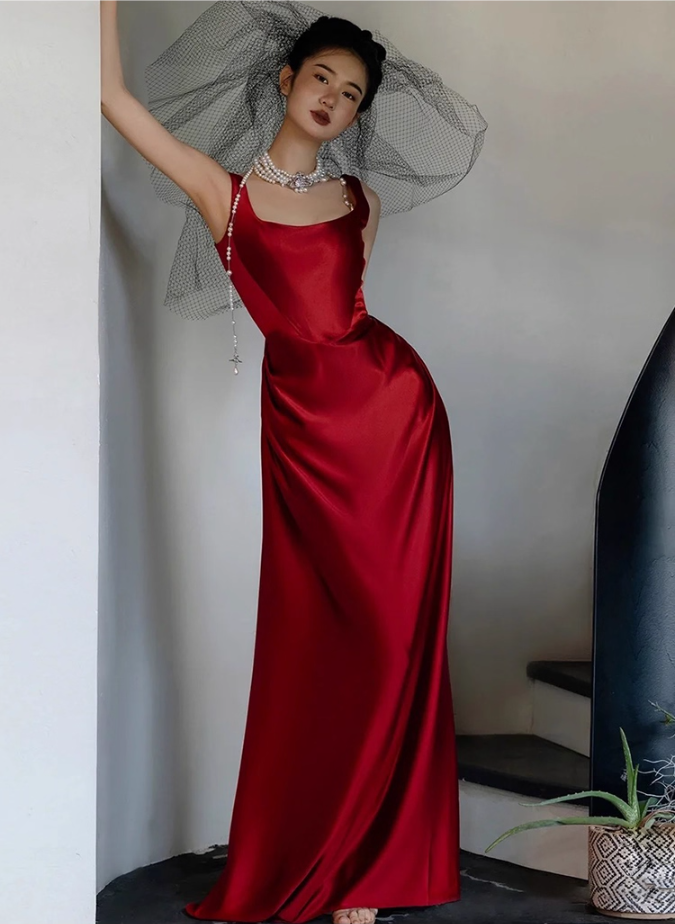 Charming Red Smooth Satin Fabric Maxi Dress Square Neck Minimalist Cinched-Waist Prom Dress AP0957