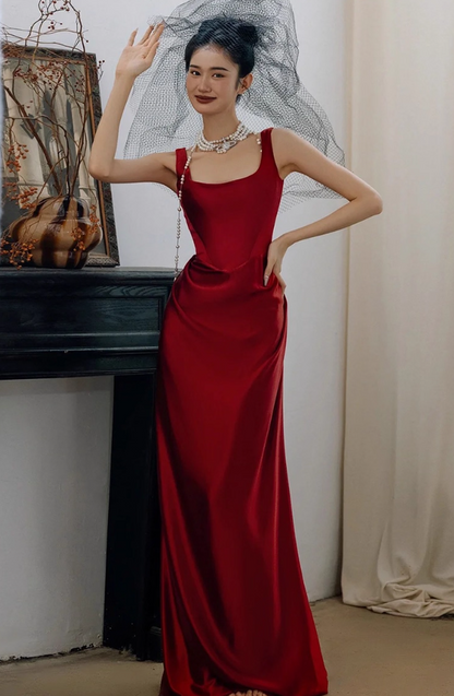 Charming Red Smooth Satin Fabric Maxi Dress Square Neck Minimalist Cinched-Waist Prom Dress AP0957