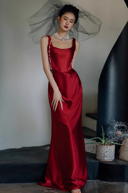 Charming Red Smooth Satin Fabric Maxi Dress Square Neck Minimalist Cinched-Waist Prom Dress AP0957