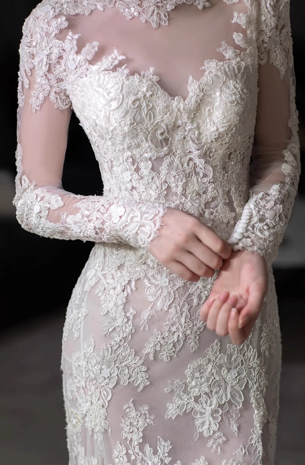 Alluring High Collar Sheer Lace Applique Birthday Outfit Dress Breathable Long Sleeve Prom Dress AP0958