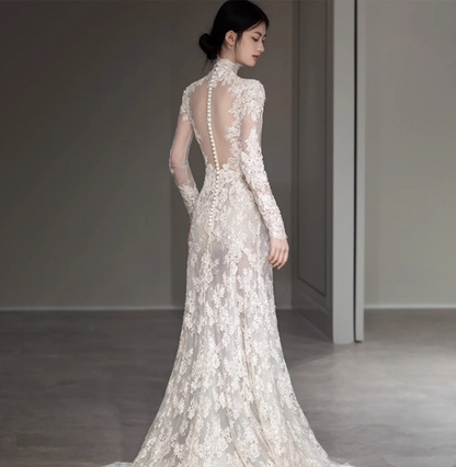 Alluring High Collar Sheer Lace Applique Birthday Outfit Dress Breathable Long Sleeve Prom Dress AP0958