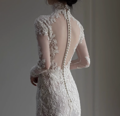 Alluring High Collar Sheer Lace Applique Birthday Outfit Dress Breathable Long Sleeve Prom Dress AP0958