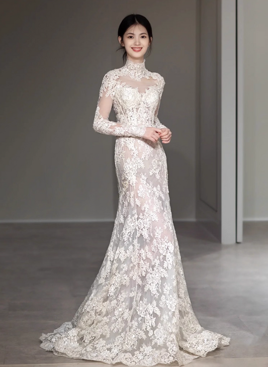 Alluring High Collar Sheer Lace Applique Birthday Outfit Dress Breathable Long Sleeve Prom Dress AP0958