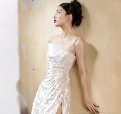 Exquisite Lustrous Fabric Off-Shoulder Maxi Dress High-Slit Gathered Spaghetti Strap Prom Dress AP0959