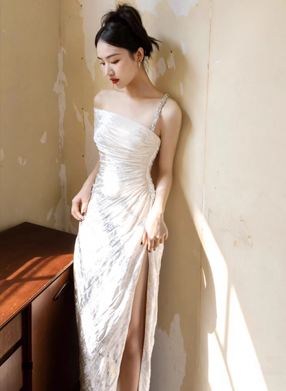 Exquisite Lustrous Fabric Off-Shoulder Maxi Dress High-Slit Gathered Spaghetti Strap Prom Dress AP0959