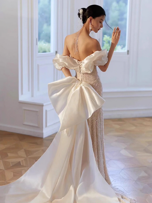 Alluring Backless Waist-Cinching Beading Maxi Dress Big Bow Off-Shoulder Wedding Dress AP0960