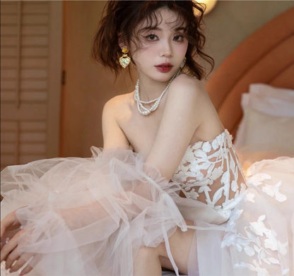 Romantic Backless Cascade Tulle V-Neck Sweet 16 Dress Applique High-Slit Strapless Prom Dress AP0964