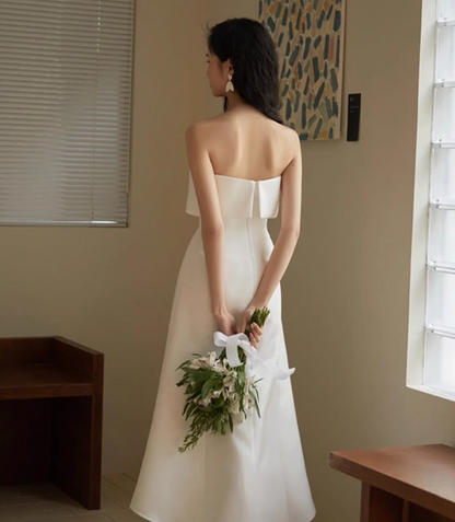 Minimalist Cinched-Waist A-Line Midi Dress Strapless Wedding Dress AP0969