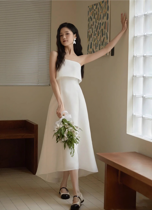 Minimalist Cinched-Waist A-Line Midi Dress Strapless Wedding Dress AP0969