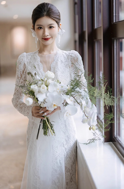 Charming Open-Back Hollow-Out Evening Dress Sheer Lace Splicing Applique Long Sleeve Prom Dress AP0970