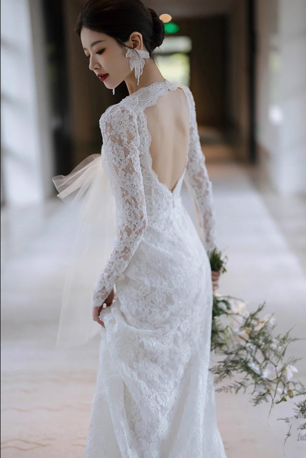 Charming Open-Back Hollow-Out Evening Dress Sheer Lace Splicing Applique Long Sleeve Prom Dress AP0970