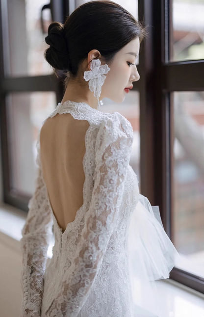 Charming Open-Back Hollow-Out Evening Dress Sheer Lace Splicing Applique Long Sleeve Prom Dress AP0970