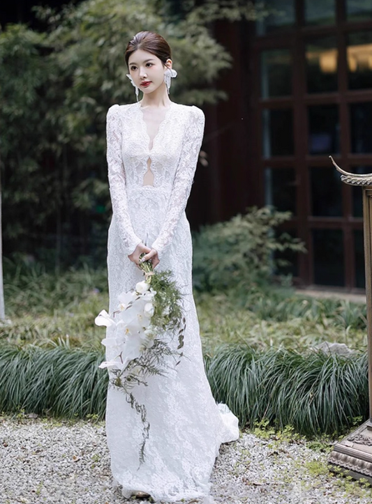 Charming Open-Back Hollow-Out Evening Dress Sheer Lace Splicing Applique Long Sleeve Prom Dress AP0970