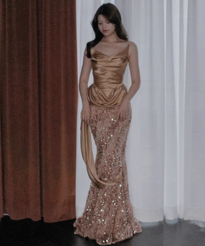 Elegant Strapless Satin Draped Mermaid Dress Sheath Sequins Sparkly Prom Dress AP0972