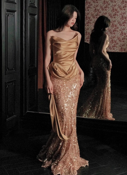 Elegant Strapless Satin Draped Mermaid Dress Sheath Sequins Sparkly Prom Dress AP0972