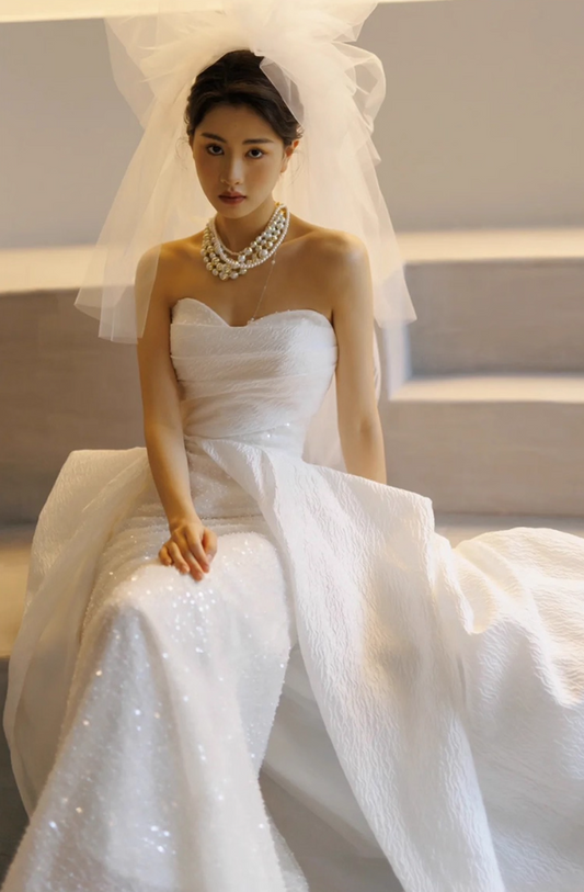 Graceful Glitter Sequins Cinched-Waist Maxi Dress Sweetheart Neck Strapless Wedding Dress AP0973