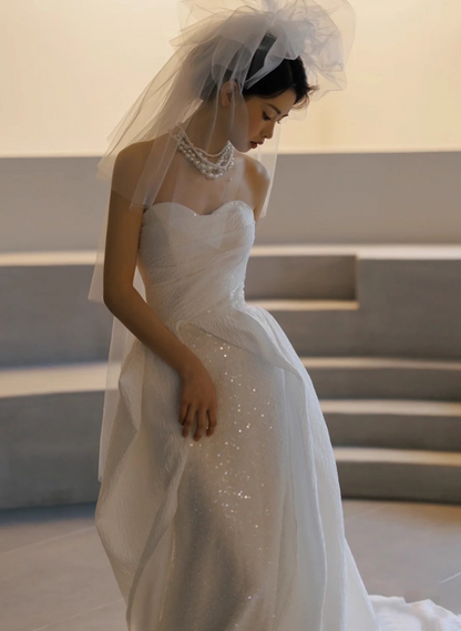 Graceful Glitter Sequins Cinched-Waist Maxi Dress Sweetheart Neck Strapless Wedding Dress AP0973