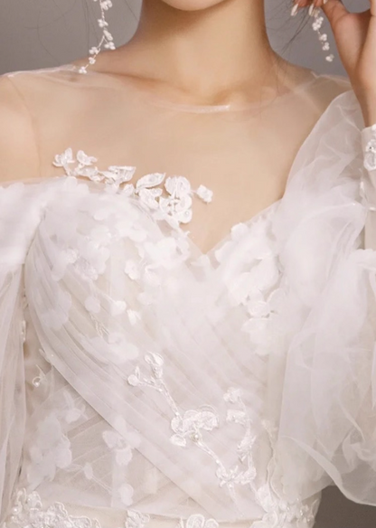 Romantic Applique Off-Shoulder Maxi Dress Sheer Tulle Overlay Strapless Puffy Sleeve Wedding Dress AP0974