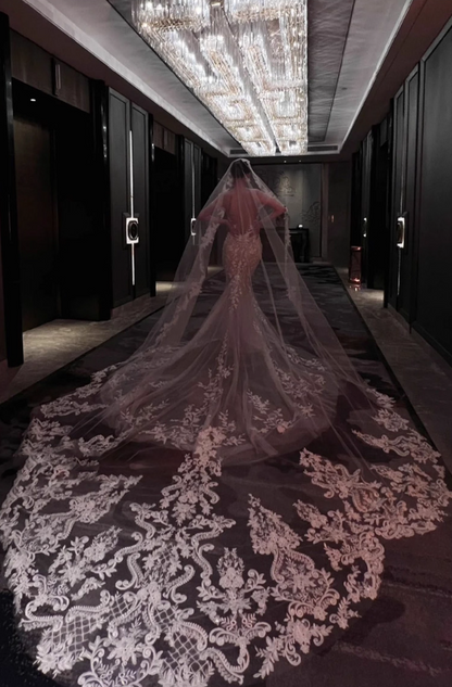 French-Inspired Applique Sheer Tulle Overlay Bridal Dress Off-Shoulder Waist-Cinching Wedding Dress AP0975