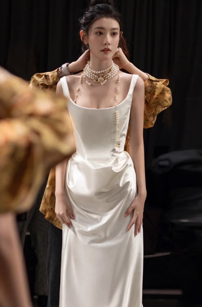 Elegant Wide Collar Satin Fabric Evening Dress Minimalist Sheath Prom Dress AP0977